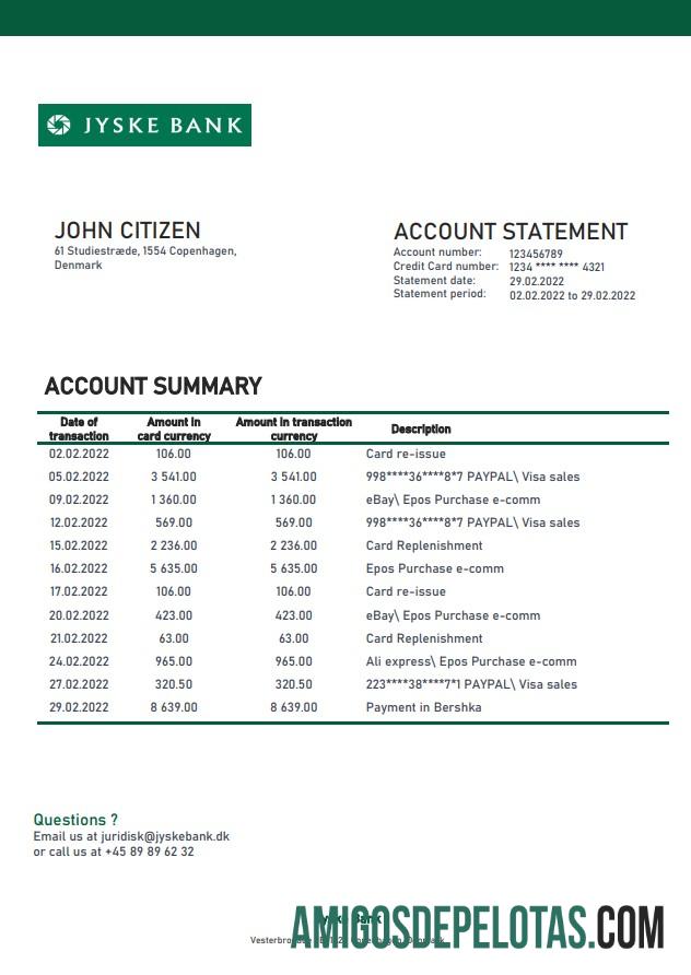 Modelo de extrato bancário Jyske da Dinamarca